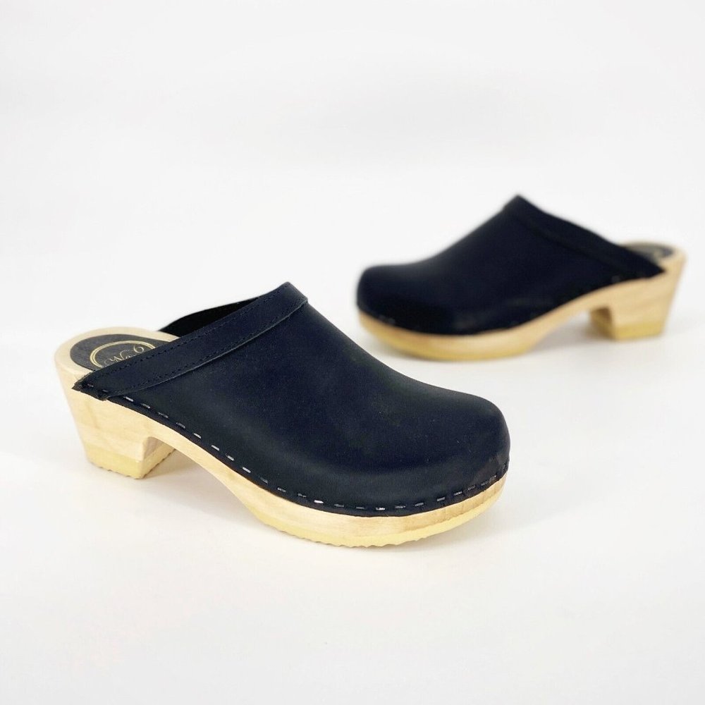 No. 6 Womens Black Old School Cow Leather Round Toe Mid Heel Mules Size 38